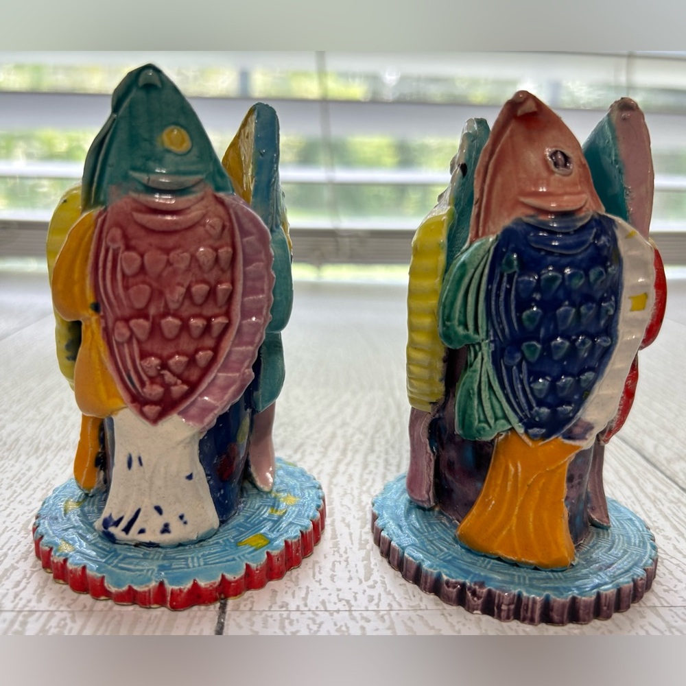 Vintage Coastal Glazed Pottery Fish Taper Candlestick Holders Set Of Two